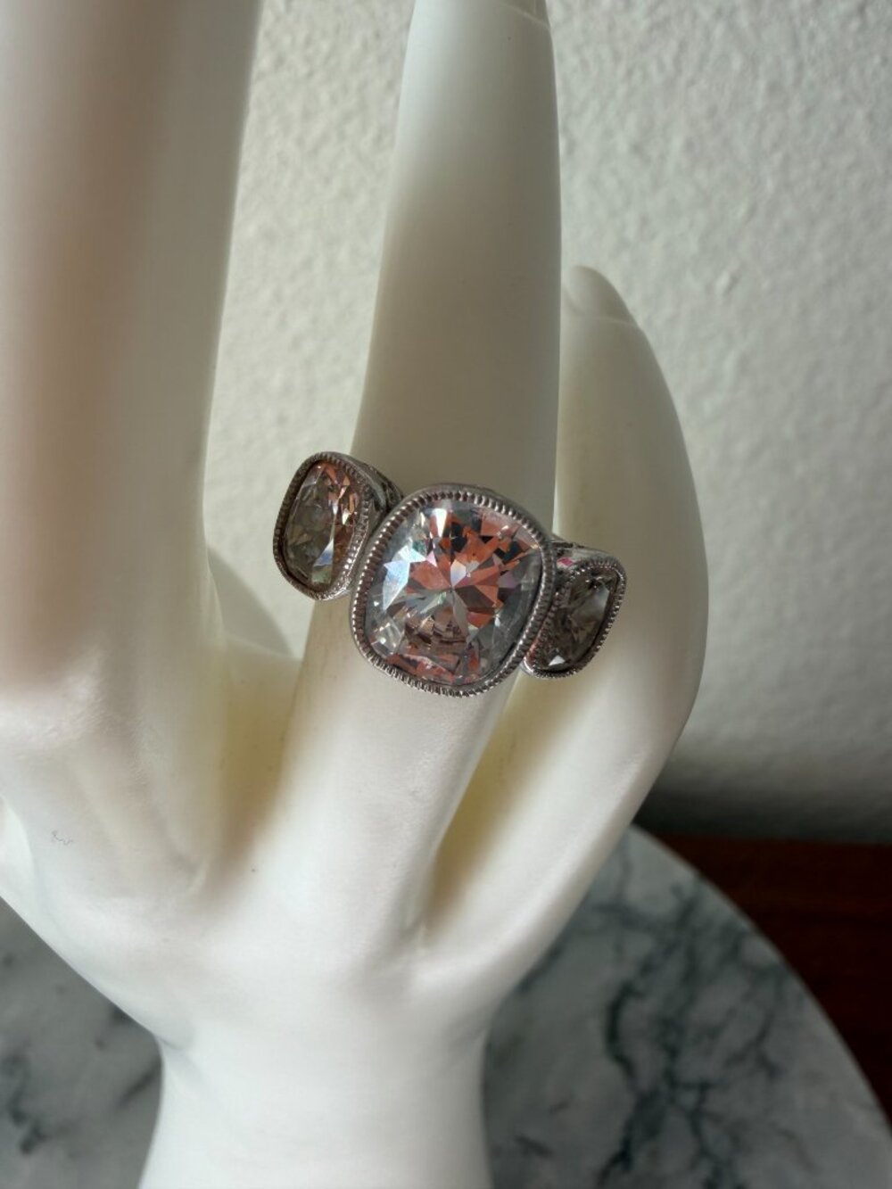 Vintage Jean Dousset Heirloom 925 CZ 3-Stone Mill-grain Cushion Cut Ring - Picture 9 of 17
